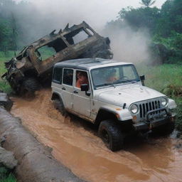 Depict a scenario where Denis Nedry, soaked from the ongoing storm, is shown scrambling out of the damaged Jeep among the wreckage of the Jurassic Park gate.