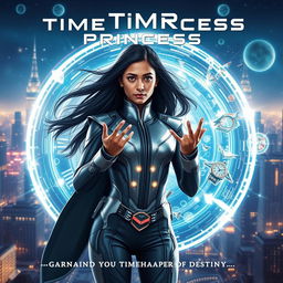 A cinematic sci-fi superhero film poster titled 'Time Princess', featuring an Indian girl scientist endowed with extraordinary time control superpowers