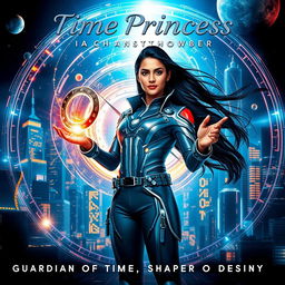 A cinematic sci-fi superhero film poster titled 'Time Princess', featuring an Indian girl scientist endowed with extraordinary time control superpowers