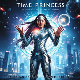 A cinematic sci-fi superhero film poster titled 'Time Princess', featuring an Indian girl scientist endowed with extraordinary time control superpowers