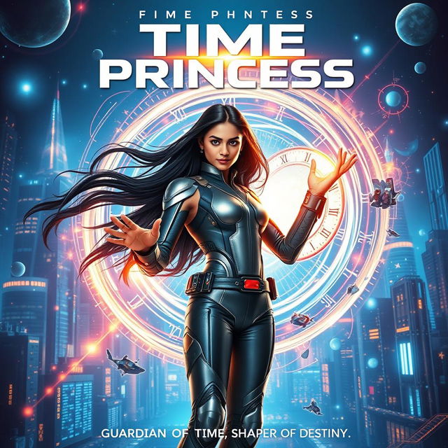 A cinematic sci-fi superhero film poster titled 'Time Princess', featuring an Indian girl scientist endowed with extraordinary time control superpowers