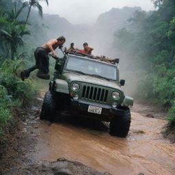 Depict a scenario where Denis Nedry, soaked from the ongoing storm, is shown scrambling out of the damaged Jeep among the wreckage of the Jurassic Park gate.