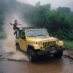 Depict a scenario where Denis Nedry, soaked from the ongoing storm, is shown scrambling out of the damaged Jeep among the wreckage of the Jurassic Park gate.