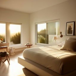 A picture-perfect, welcoming bedroom filled with modern furniture, accented with personal items, bathed in natural sunlight streaming through large windows, transmitting a sense of supreme comfort and coziness