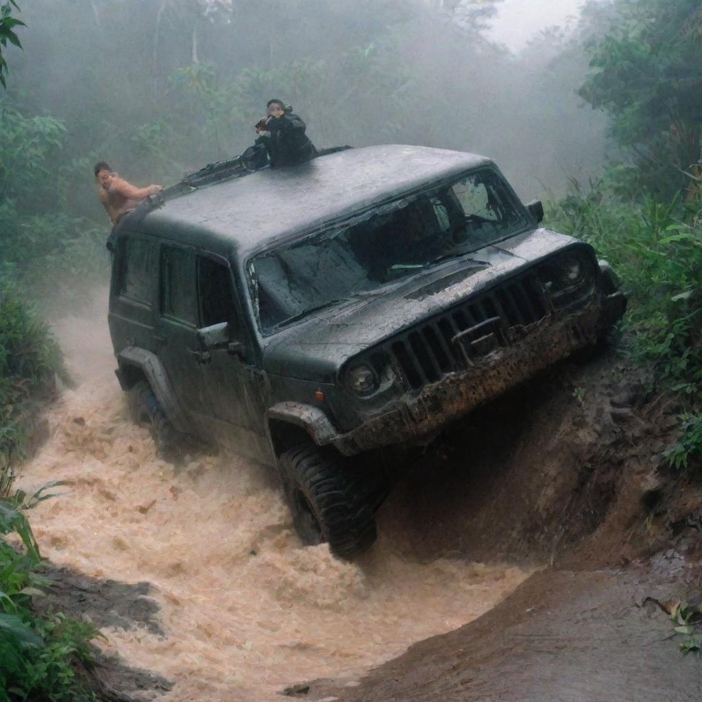 Depict a scenario where Denis Nedry, soaked from the ongoing storm, is shown scrambling out of the damaged Jeep among the wreckage of the Jurassic Park gate.