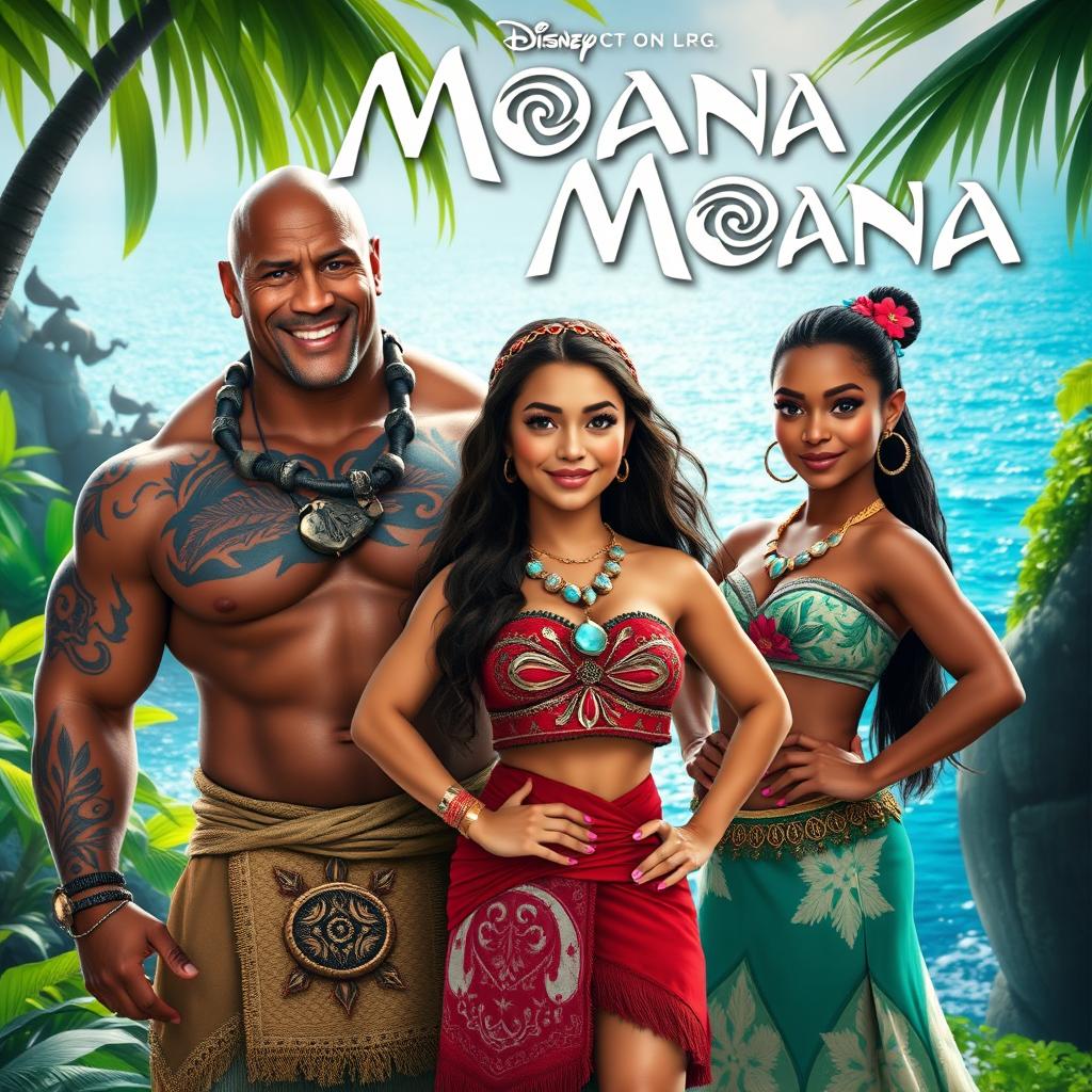 A vivid promotional image from the live-action adaptation of Moana, featuring the main characters portrayed by Dwayne Johnson and Zendaya