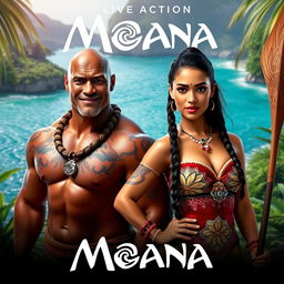 A vivid promotional image from the live-action adaptation of Moana, featuring the main characters portrayed by Dwayne Johnson and Zendaya