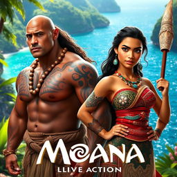 A vivid promotional image from the live-action adaptation of Moana, featuring the main characters portrayed by Dwayne Johnson and Zendaya