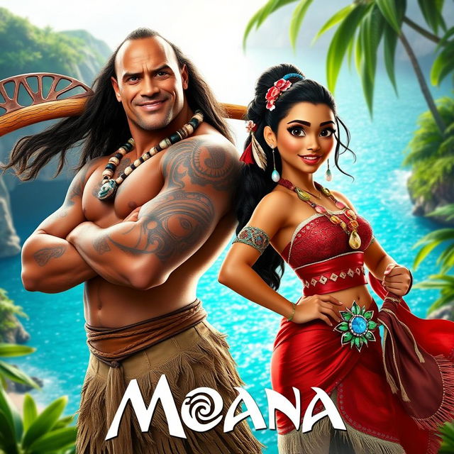 A vivid promotional image from the live-action adaptation of Moana, featuring the main characters portrayed by Dwayne Johnson and Zendaya