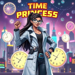 A futuristic Indian teenage girl with time control superpowers, dressed in a sleek, modern scientist outfit complete with a lab coat, glasses, and advanced gadgetry