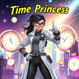 A futuristic Indian teenage girl with time control superpowers, dressed in a sleek, modern scientist outfit complete with a lab coat, glasses, and advanced gadgetry