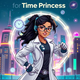 A futuristic Indian teenage girl with time control superpowers, dressed in a sleek, modern scientist outfit complete with a lab coat, glasses, and advanced gadgetry