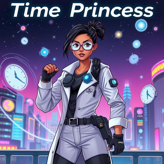 A futuristic Indian teenage girl with time control superpowers, dressed in a sleek, modern scientist outfit complete with a lab coat, glasses, and advanced gadgetry