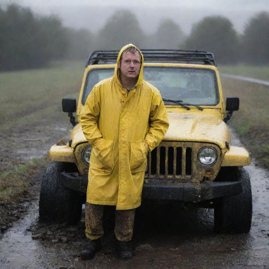 Create an image of Denis Nedry struggling out of the Jeep amidst the wreckage, his bright yellow raincoat standing out as a stark contrast against the heavy, dark rain.