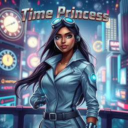 A futuristic Indian teenage girl scientist with time control superpowers, dressed in a sleek and stylish scientist outfit, standing confidently against a vibrant sci-fi cityscape