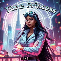 A futuristic Indian teenage girl scientist with time control superpowers, dressed in a sleek and stylish scientist outfit, standing confidently against a vibrant sci-fi cityscape