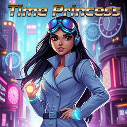 A futuristic Indian teenage girl scientist with time control superpowers, dressed in a sleek and stylish scientist outfit, standing confidently against a vibrant sci-fi cityscape