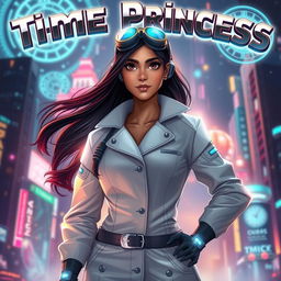 A futuristic Indian teenage girl scientist with time control superpowers, dressed in a sleek and stylish scientist outfit, standing confidently against a vibrant sci-fi cityscape