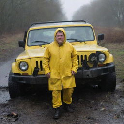 Create an image of Denis Nedry struggling out of the Jeep amidst the wreckage, his bright yellow raincoat standing out as a stark contrast against the heavy, dark rain.