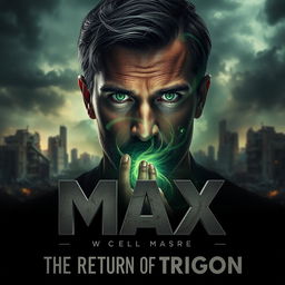 A man with striking green eyes, holding a dark, swirling energy, set against the backdrop of a destroyed cityscape