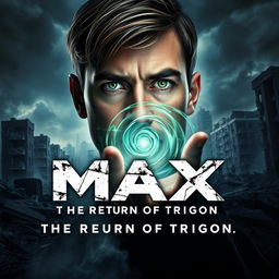 A man with striking green eyes, holding a dark, swirling energy, set against the backdrop of a destroyed cityscape