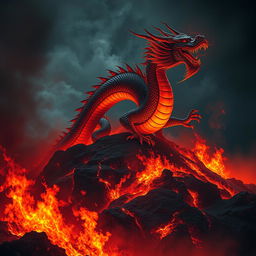 A majestic Chinese dragon emerging from a hill engulfed in flames, dominating the night sky