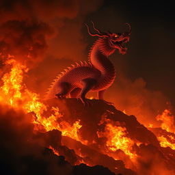 A majestic Chinese dragon emerging from a hill engulfed in flames, dominating the night sky