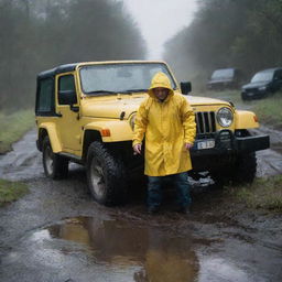 Create an image of Denis Nedry struggling out of the Jeep amidst the wreckage, his bright yellow raincoat standing out as a stark contrast against the heavy, dark rain.