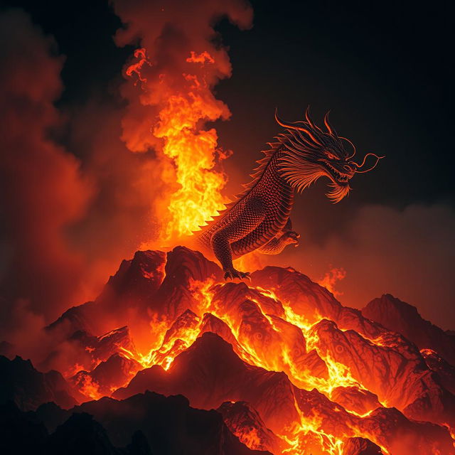 A majestic Chinese dragon emerging from a hill engulfed in flames, dominating the night sky