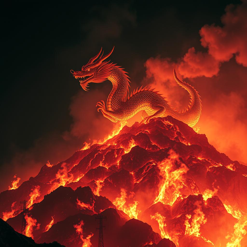 A majestic Chinese dragon emerging from a hill engulfed in flames, dominating the night sky