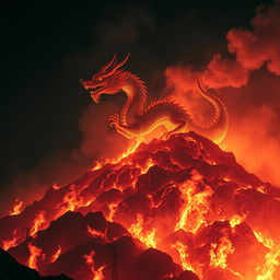 A majestic Chinese dragon emerging from a hill engulfed in flames, dominating the night sky