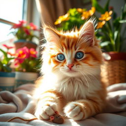 A close-up of a beautiful, fluffy, playful cat with striking blue eyes, sitting in a sunlit room filled with colorful plants