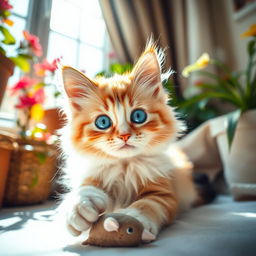 A close-up of a beautiful, fluffy, playful cat with striking blue eyes, sitting in a sunlit room filled with colorful plants