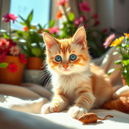 A close-up of a beautiful, fluffy, playful cat with striking blue eyes, sitting in a sunlit room filled with colorful plants