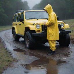 Create an image of Denis Nedry struggling out of the Jeep amidst the wreckage, his bright yellow raincoat standing out as a stark contrast against the heavy, dark rain.