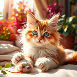 A close-up of a beautiful, fluffy, playful cat with striking blue eyes, sitting in a sunlit room filled with colorful plants