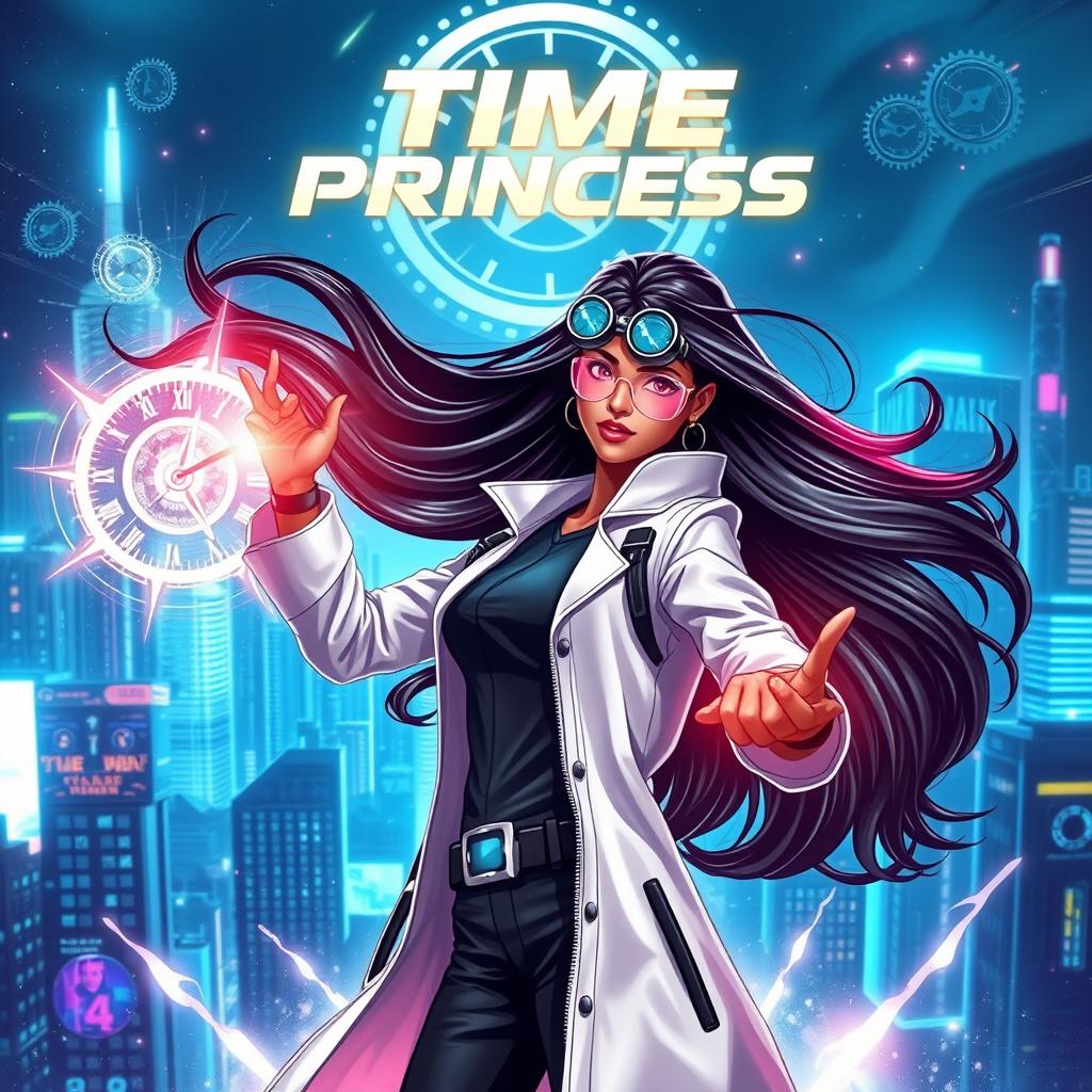 A futuristic Indian teenage girl scientist with time control superpowers, wearing a sleek and modern scientist outfit complete with a lab coat and high-tech accessories