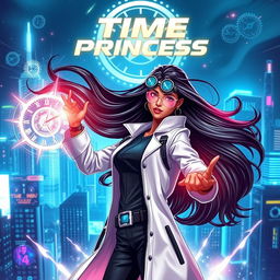 A futuristic Indian teenage girl scientist with time control superpowers, wearing a sleek and modern scientist outfit complete with a lab coat and high-tech accessories