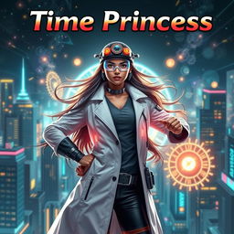 A futuristic Indian teenage girl scientist with time control superpowers, wearing a sleek and modern scientist outfit complete with a lab coat and high-tech accessories