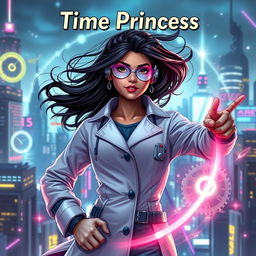 A futuristic Indian teenage girl scientist with time control superpowers, wearing a sleek and modern scientist outfit complete with a lab coat and high-tech accessories