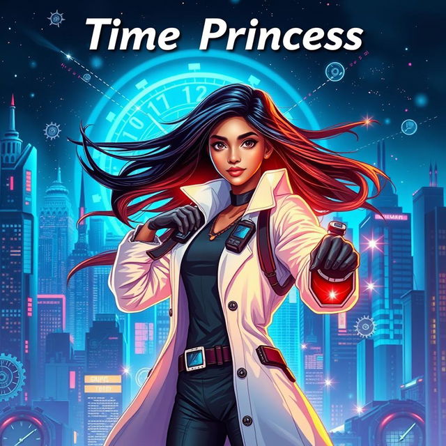 A futuristic Indian teenage girl scientist with time control superpowers, wearing a sleek and modern scientist outfit complete with a lab coat and high-tech accessories