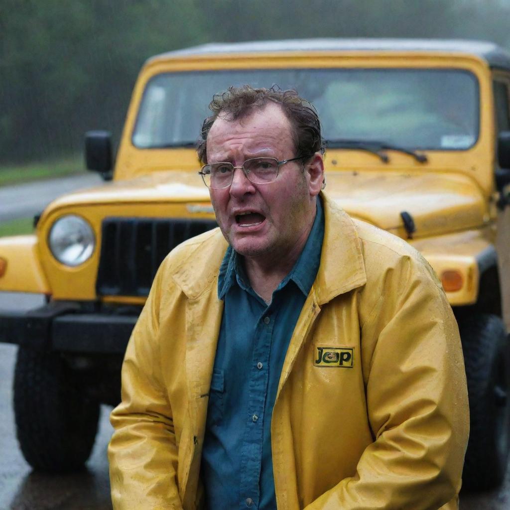 Generate an image of Denis Nedry expressing frustration and despair beside the out-of-gas Jeep, his face illuminated by the vehicle's hazard lights as rain rolls off his bright yellow jacket.