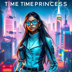 A futuristic Indian teenage girl scientist with time control superpowers, elegantly dressed in a sleek, high-tech scientist outfit adorned with sophisticated gadgets