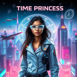 A futuristic Indian teenage girl scientist with time control superpowers, elegantly dressed in a sleek, high-tech scientist outfit adorned with sophisticated gadgets