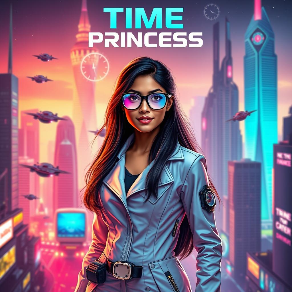 A futuristic Indian teenage girl scientist with time control superpowers, elegantly dressed in a sleek, high-tech scientist outfit adorned with sophisticated gadgets