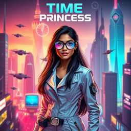 A futuristic Indian teenage girl scientist with time control superpowers, elegantly dressed in a sleek, high-tech scientist outfit adorned with sophisticated gadgets