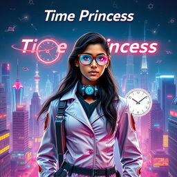 A futuristic Indian teenage girl scientist with time control superpowers, elegantly dressed in a sleek, high-tech scientist outfit adorned with sophisticated gadgets