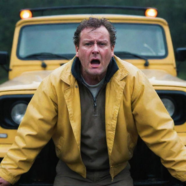 Generate an image of Denis Nedry expressing frustration and despair beside the out-of-gas Jeep, his face illuminated by the vehicle's hazard lights as rain rolls off his bright yellow jacket.