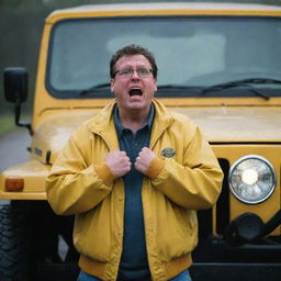 Generate an image of Denis Nedry expressing frustration and despair beside the out-of-gas Jeep, his face illuminated by the vehicle's hazard lights as rain rolls off his bright yellow jacket.