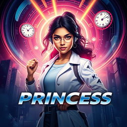 A cinematic sci-fi superhero film poster titled 'Time Princess'